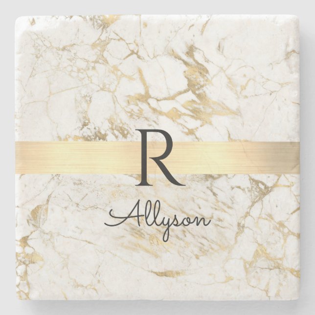 Wh & Gold Marble Gold Bar, DIY Black Name Monogram Steinuntersetzer (Vorderseite)