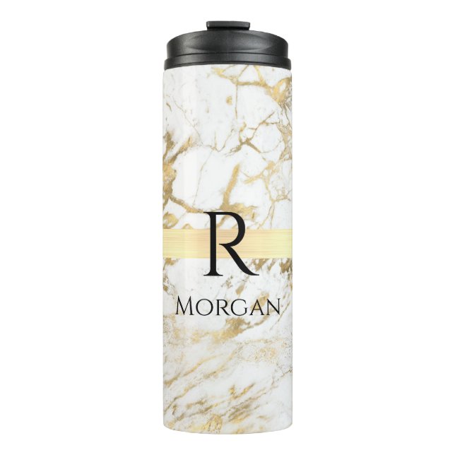 Wh & Gold Marble Gold Bar, DIY Black Name Monogram Thermosbecher (Vorderseite)