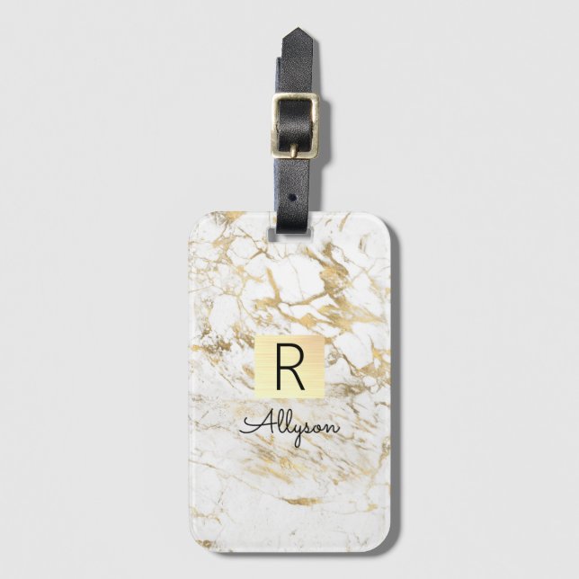 Wh & Gold Marmor Box, DIY Black Name Monogram Gepäckanhänger (Vorderseite Vertikal)