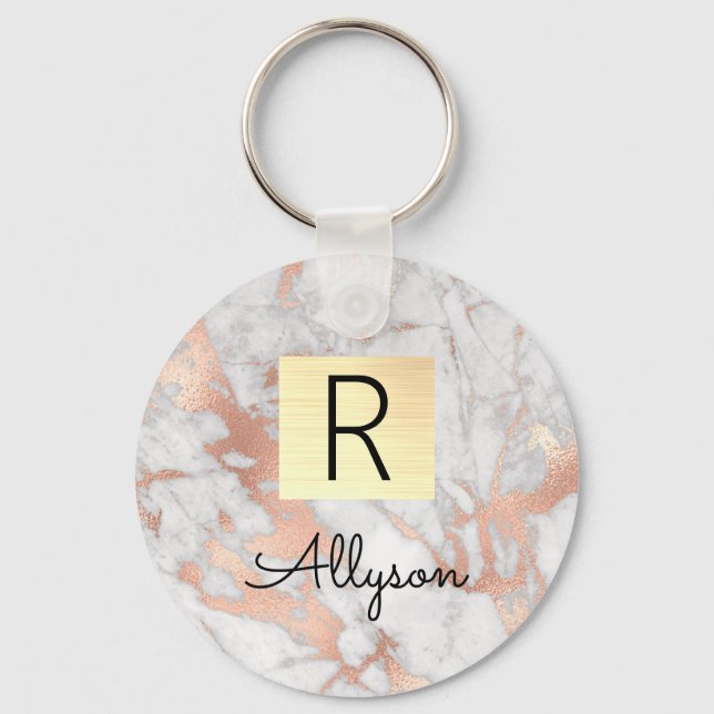 Wh & Rose Gold Marmor Box, Name & Monogram Ke Schlüsselanhänger (Vorderseite)