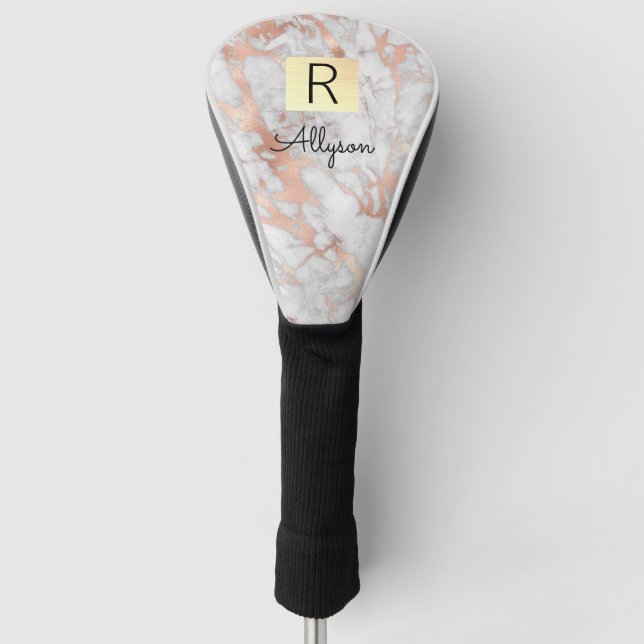 Wh & Rose Gold Marmor Box, Name & Monogramm Golf Headcover (Vorderseite)