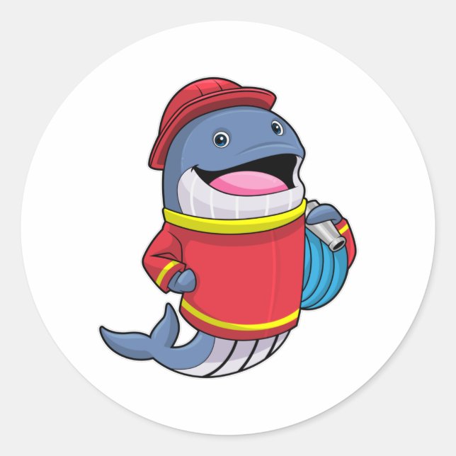 Whale als Feuerwehrmann mit Schlauch Runder Aufkleber (Vorderseite)