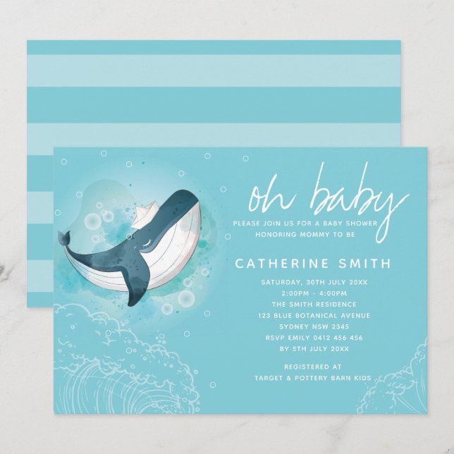 Whale Baby Boy Baby Dusche Einladung (Vorne/Hinten)