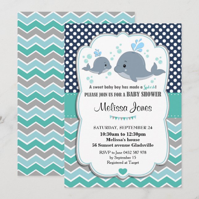 Whale Baby Dusche Personalisiert Invasion Baby Boy Einladung (Vorne/Hinten)