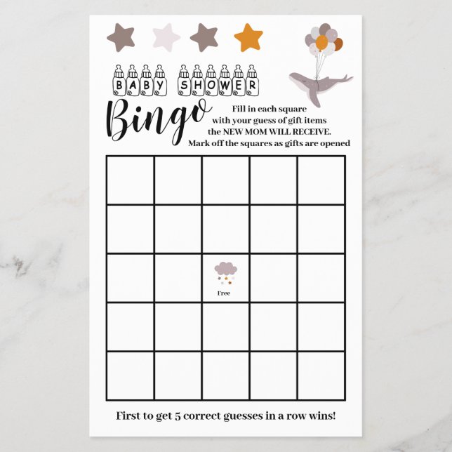 Whale Baby Dusche Schöne Dream Bingo Game Card Flyer (Vorne)