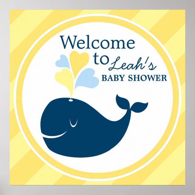 Whale Baby Dusche Willkommen Navy Blue und Yellow Poster (Vorne)