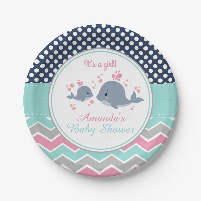 Whale Baby Shooting Paper Plate Girl Zickzack Polk Pappteller (Vorderseite)