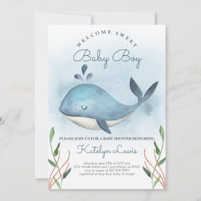 Whale Baby Shower Einladung für Baby Boy (Vorderseite)