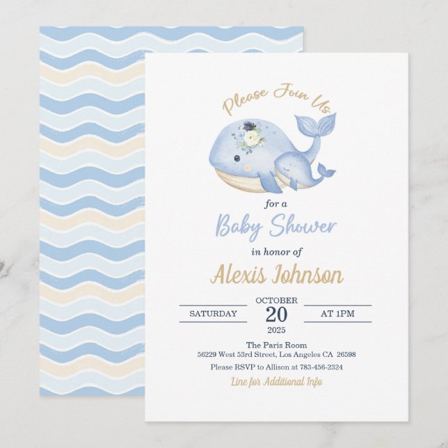 Whale Baby Shower Einladung für Junge (Vorne/Hinten)