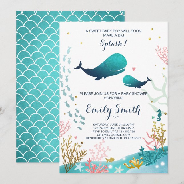 Whale Baby Shower Einladung Ocean Ahoy Junge Niedl (Vorne/Hinten)