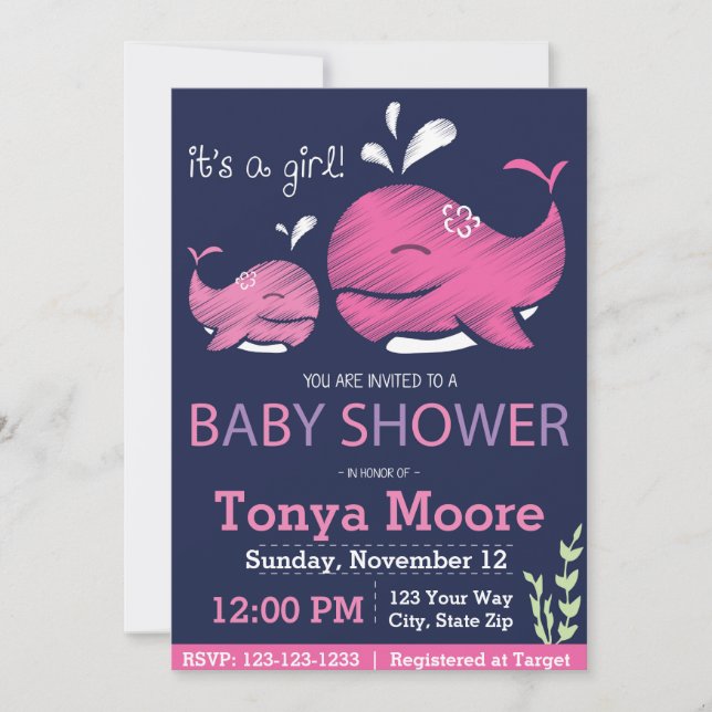 Whale Baby Shower Invitation (Mädchen) Einladung (Vorderseite)