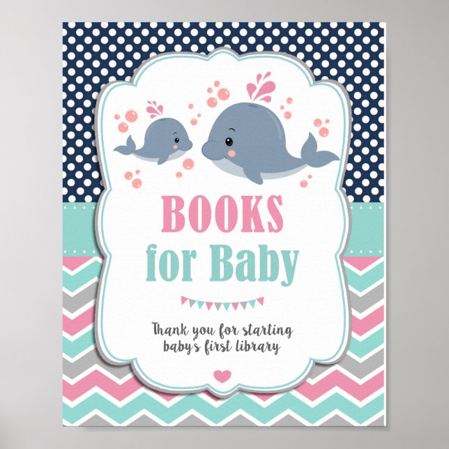 Whale Baby Shower Nautical Books for Baby Sign Poster (Vorne)