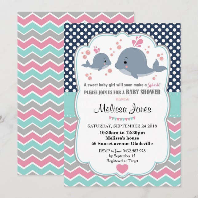 Whale Baby Shower Personalisierte Einladung Girl (Vorne/Hinten)