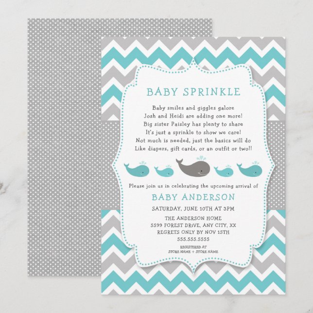 Whale Baby sprinkle Einladung, neutrales Geschlech Einladung (Vorne/Hinten)