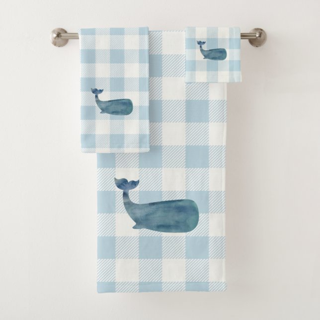 Whale Blue Karo Gingham Pattern Badetuch Set (Insitu)