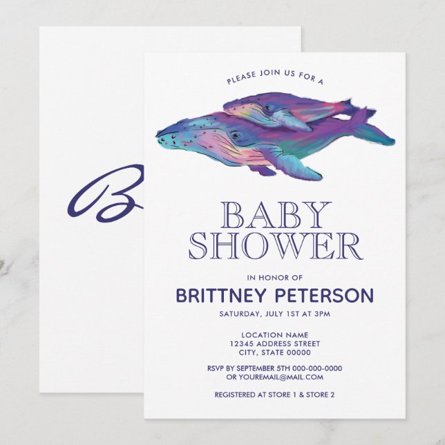 Whale Boy's Baby Shower Einladung (Vorne/Hinten)