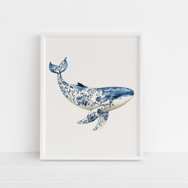 Whale - Coastal Blue on Beige Wall Art Poster (Whale – Coastal Blue on Beige Wall Art in a white frame on the floor.)