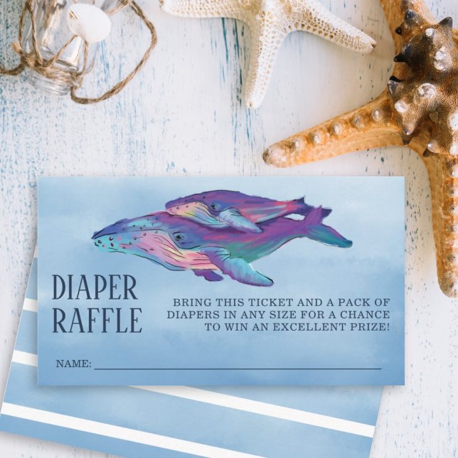 Whale Diaper Raffle Baby Dusche Begleitkarte (Artistic painted whale and whale calf with a blue watercolor background diaper raffle.)