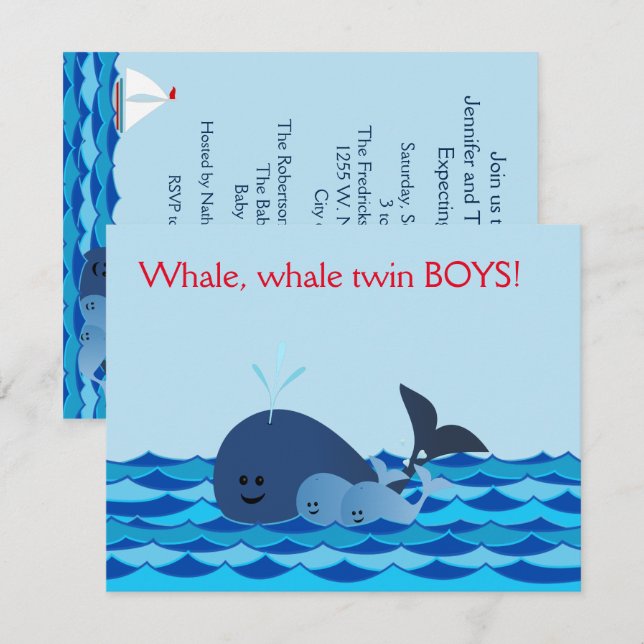 Whale Es ist ein Baby-Duschbad für Zwillingsboys. Einladung (Vorne/Hinten)