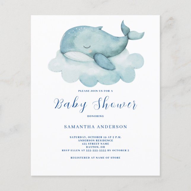Whale Gender Neutral Budget Baby Shower Einladung (Vorderseite)