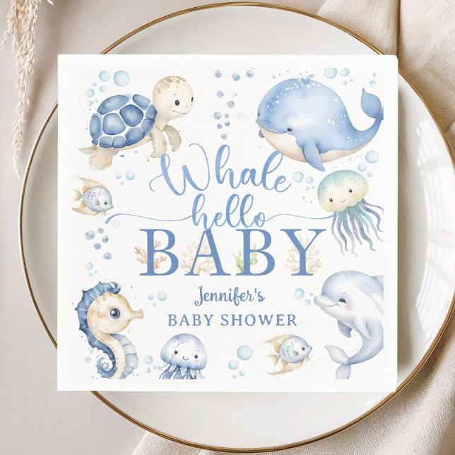 Whale Hello Baby Shower Boy Blue Ocean Paper Serviette (Von Creator hochgeladen)