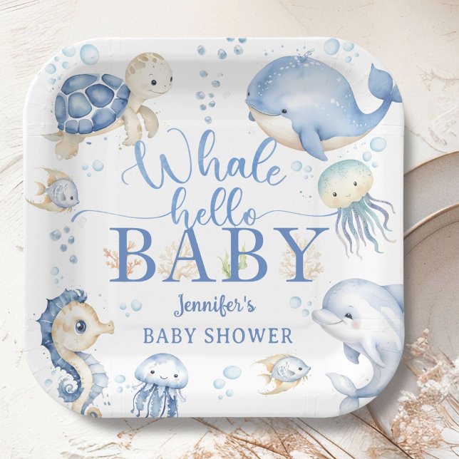 Whale Hello Baby Shower Boy Blue Ocean Pappteller (Von Creator hochgeladen)