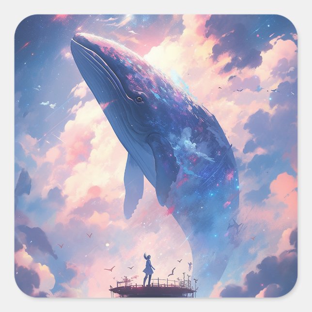 Whale in der Sky Fantasy Art Quadratischer Aufkleber (Vorderseite)