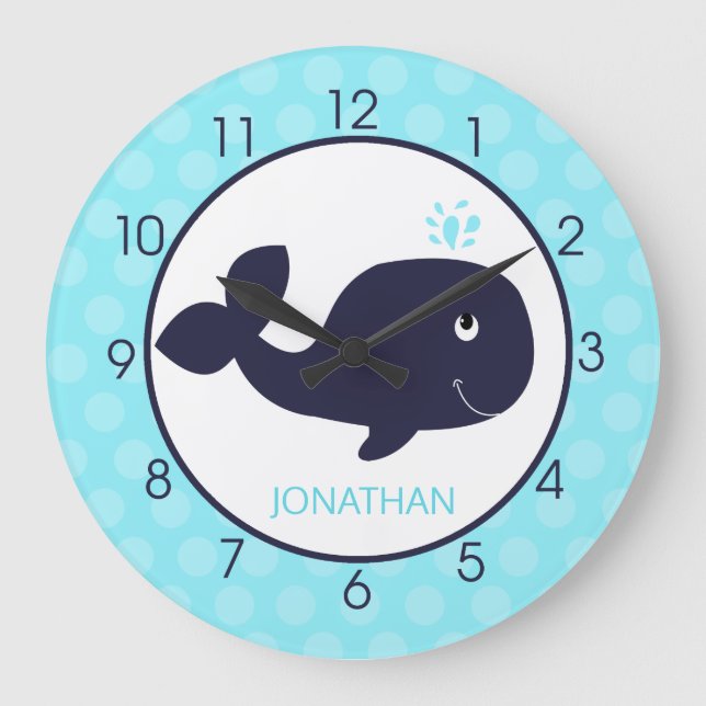Whale Kinderzimmer Aquamarin und Navy Blue Kids Große Wanduhr (Vorderseite)