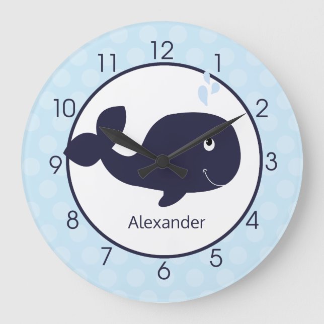 Whale Kinderzimmer Navy Blue / Light Blue Boys Wal Große Wanduhr (Vorderseite)
