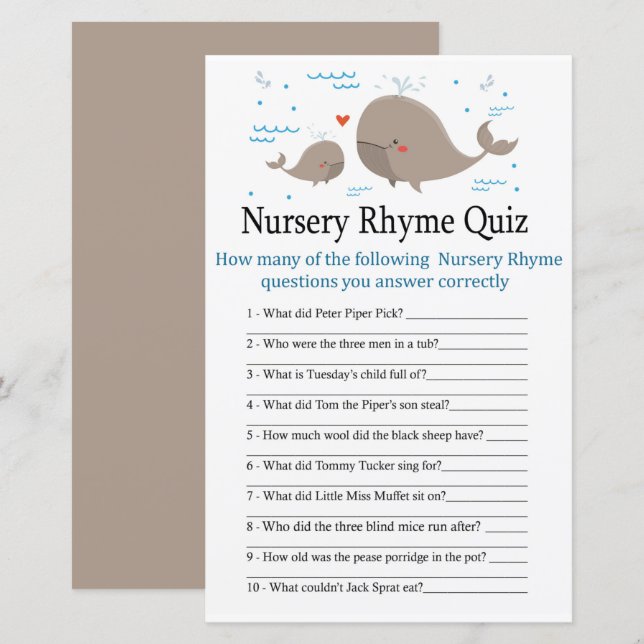 Whale Kinderzimmer Rhyme Quiz Babydusche (Vorne/Hinten)