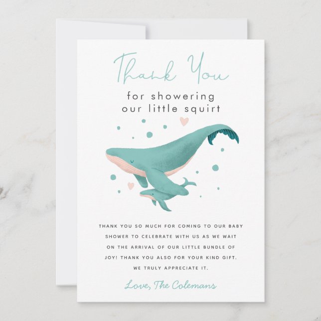 Whale Little Squirt Baby Shower Dankeskarte (Vorderseite)