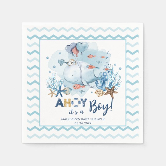 Whale Nautical Ahoy Es ist ein Baby-Dusche Blue Serviette (Vorderseite)