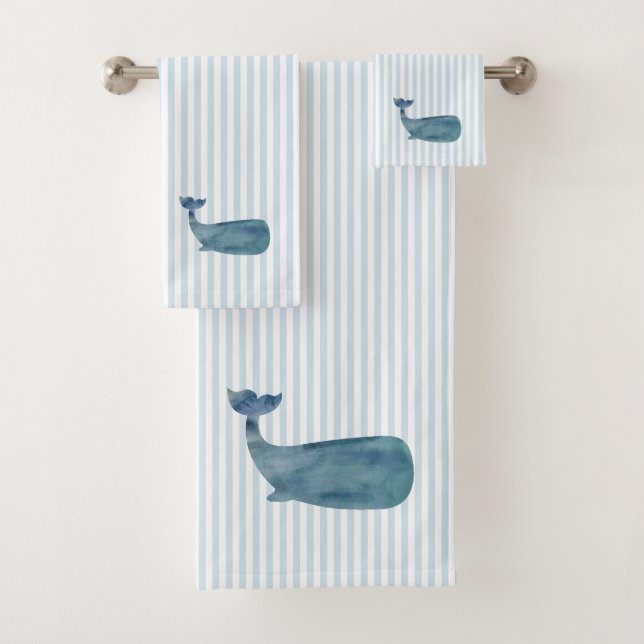 Whale Nautical Blue Stripe Malerei Badhandtuch Set (Insitu)