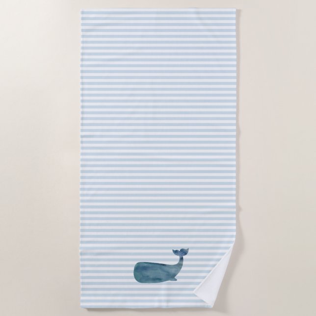 Whale Nautical Blue Stripe Malerei Strandtuch (Vorderseite)