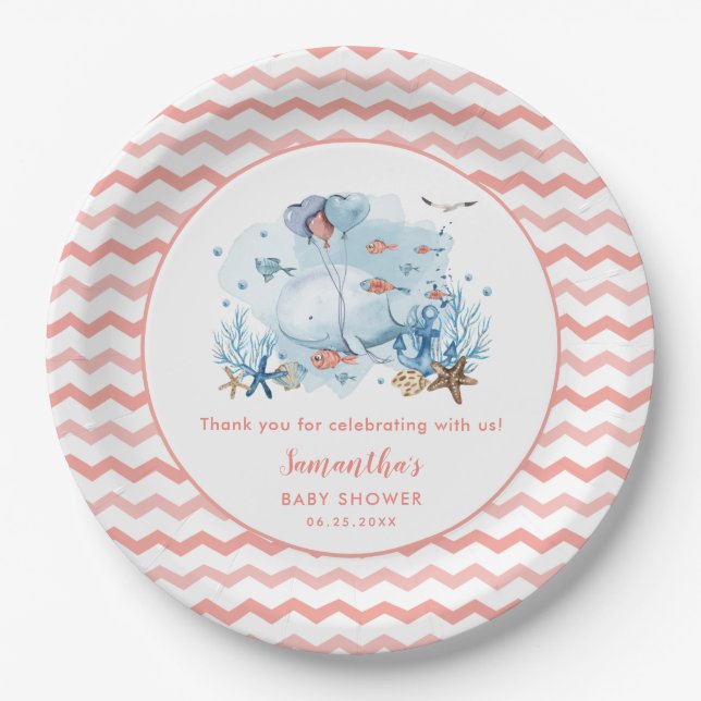 Whale Nautical Coral Pink Girl Babydusche Pappteller (Vorderseite)