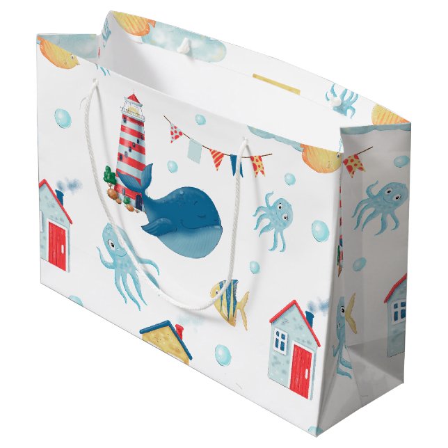 Whale Nautical Große Geschenktüte (Rückseite Schrägansicht)