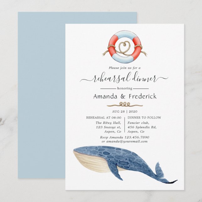 Whale Nautical Wedding Probe Dinner Einladung (Vorne/Hinten)