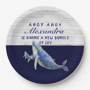 Whale Navy Blue Nautical Boy Baby Dusche Pappteller