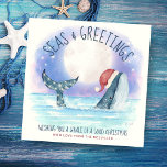 Whale Santa Sea Moon & Stars Nautische Weihnachten<br><div class="desc">Die Weihnachtskarte des Nautical Spaßes enthält einen Aquarellwal, der eine Weihnachtsmannmütze trägt, die unter einem magischen Mond im Meer schwimmt, und Sterne mit Lichtern, die den Schwanz schmücken. Die Grüße "Seas & Greetings" und "Einen Wal von einem guten Weihnachtsfest wünschen", zusammen mit dem Namen können personalisiert sein. Kunst von KL...</div>