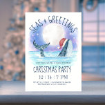 Whale Santa Sea Nautical Christmas Party Einladung<br><div class="desc">Die Nautical Christmas Party Einladung lädt die Gäste ein, "ein WALE der guten Zeit zu haben" und verfügt über einen Aquarellwal, der eine Weihnachtsmannmütze trägt, die unter einem magischen Mond im Meer schwimmt, und Sterne mit festlichen Saitenlichtern, die seinen Schwanz schmücken. Die Beschriftung "Seas & Greetings" und die Party-Details können...</div>