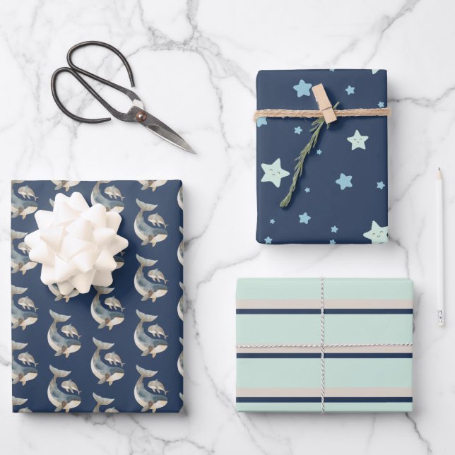 Whale - Star - Stripmuster Navy Blue Geschenkpapier Set (Vorderseite)