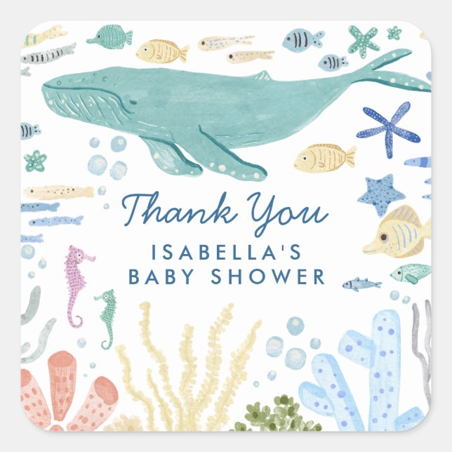 Whale unter der Sea Baby Dusche Quadratischer Aufkleber (Vorderseite)
