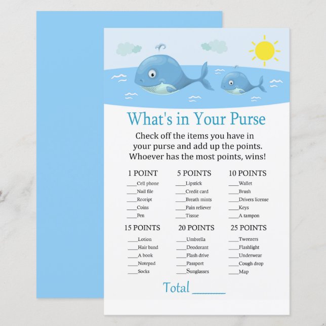Whale Was ist in Ihrem Handtaschenspiel Babydusche (Vorne/Hinten)