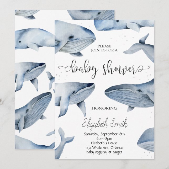 Whale Watercolor Babydusche laden ein Einladung (Vorne/Hinten)