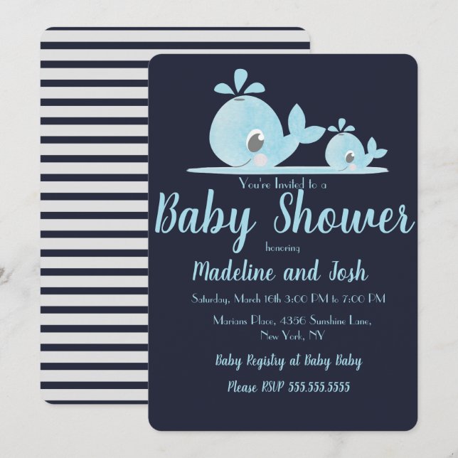 Whale Whale Babydusche gestrichen Blau Einladung (Vorne/Hinten)