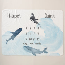 Whales Ocean Twins Milestone Sherpa Blanket Sherpadecke