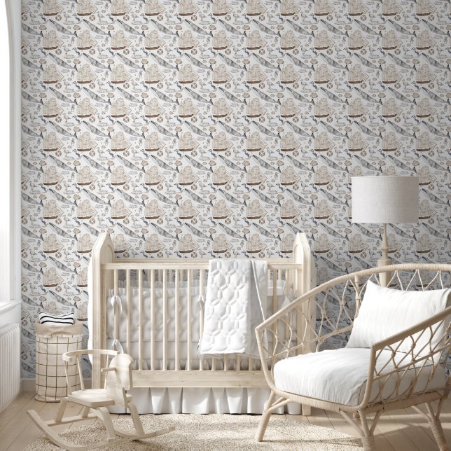 Whales Ships Nautical Brown Baby Room Tapete (Kinder)