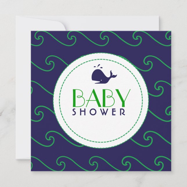 Whales Tale & Wavy Green & Navy Einladung (Vorderseite)