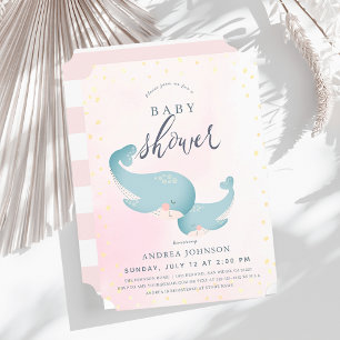 Whales Watercolor Pink Girl Baby Dusche Einladung