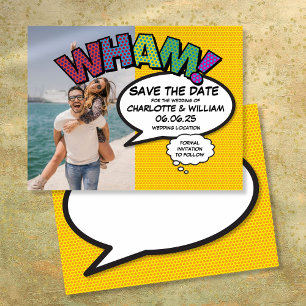 WHAM Foto Save the Date Lustig Moderne Comic-Book Ankündigungspostkarte